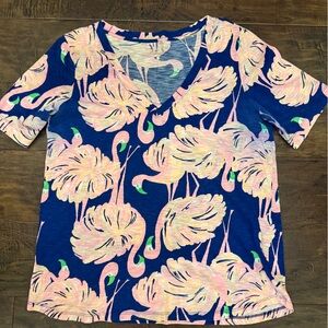 Lilly Pulitzer Navy Flamingo Print V-Neck T-Shirt sz women’s large